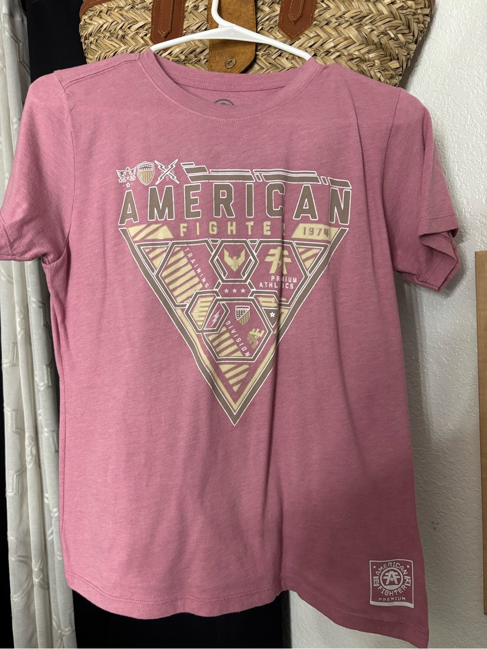 American Fighter Rose Pink Graphic Tee with Cream & Tan Print